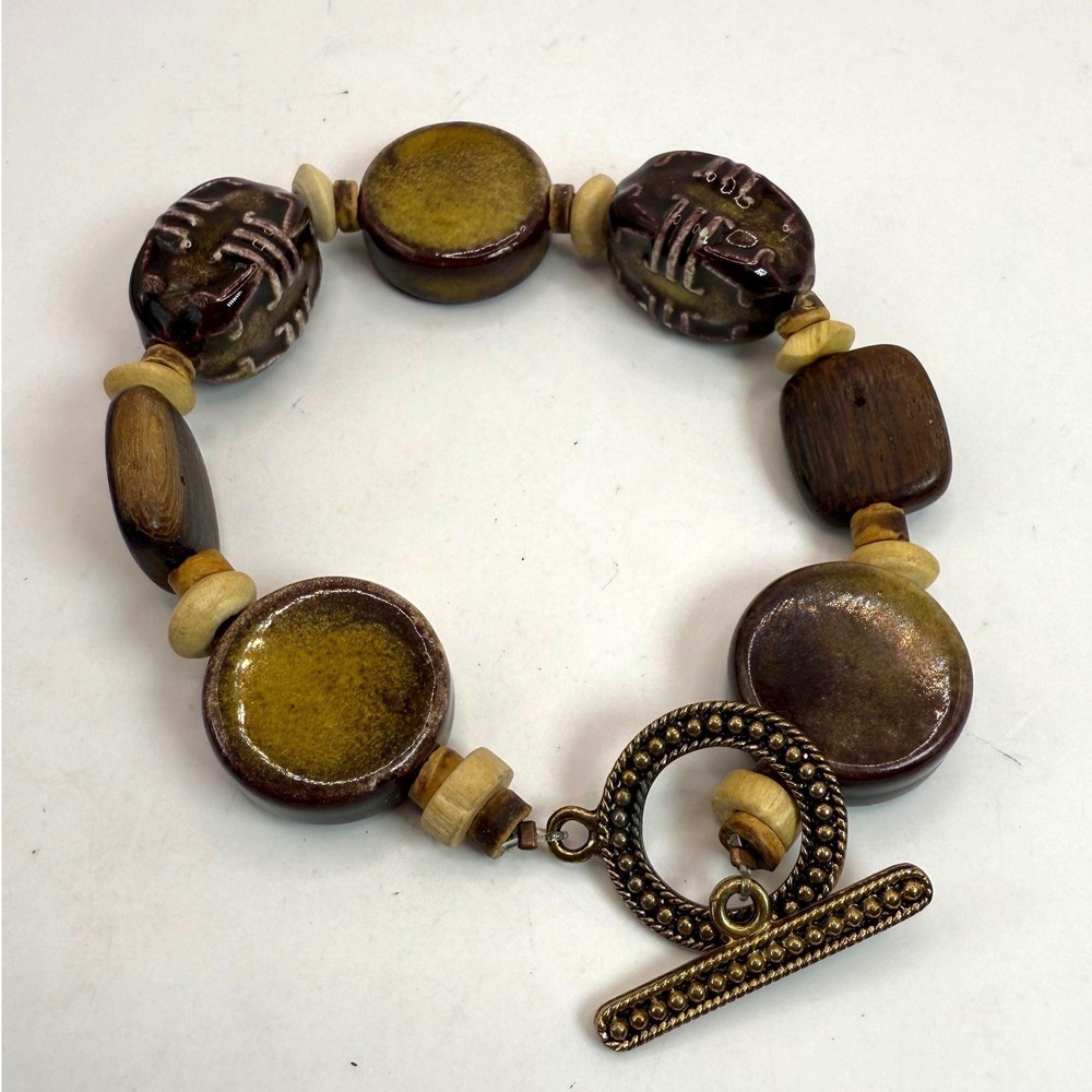 Vintage Ceramic & Wood Bead Toggle Bracelet – Earth‎ Tone Chunky Jewelry